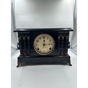 Antique Sessions Black Golden Lion Head Pillar Gong Bell Mantle Clock.